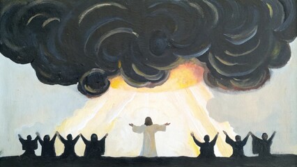 Poster - The canvas captures a vivid moment with dark and threatening clouds swirling above casting shadows over the distressed disciples below. The serene figure in the center radiates a. Cartoon