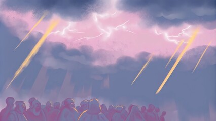 Poster - The dramatic scene unfolds with storm clouds hanging low in the sky thick and gray. Bright golden rays of light slice through the atmosphere illuminating a gathering of people. Cartoon