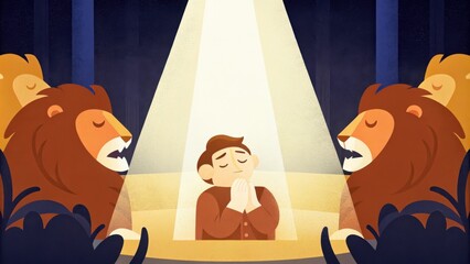 Poster - The interior of the den is illuminated by a single beam of light from above where the man is seen praying with closed eyes. Surrounding him are curious lions their heads tilting in. Cartoon