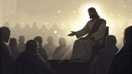 Poster - The Invitation Jesus is portrayed with a gentle smile seated confidently at Gods right extending His hand as if inviting all souls to join Him. Surrounding them a soft glow. Cartoon