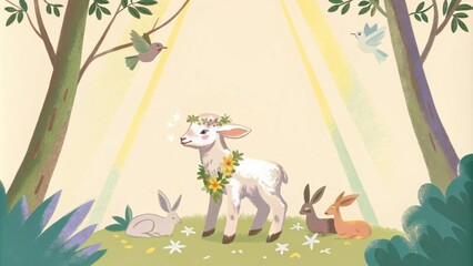 Poster - The lamb stands adorned with a garland of flowers symbolizing triumph and natures beauty. Around it a congregation of gentle creaturesbirds rabbits and deergather creating a. Cartoon