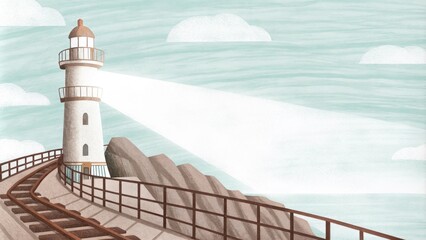 Poster - The lighthouse stands against an indigo sky its light piercing through a veil of mist that shrouds the coast. The rusted rails of the nearby walkway glimmer faintly under the glow. Cartoon