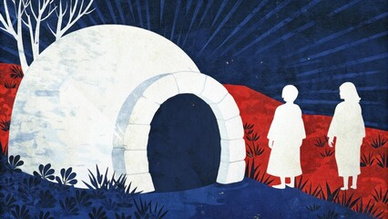 Poster - The image depicts a misty landscape just as the sun begins to rise. A weathered empty tomb made of roughhewn stones sits prominently amidst a garden filled with low shrubs and. Cartoon