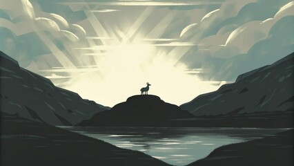 Poster - The lamb has its head held high standing atop a large rock formation with an expansive bright sky above. Golden rays of sunlight break through the clouds enveloping the lamb in a. Cartoon