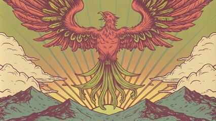 Poster - The majestic phoenix soars upwards above a golden sunrise its wings wide open and glistening with fiery colors. The silhouette of a mountain range is visible below while clouds. Cartoon