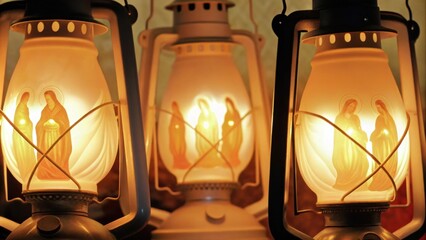 Poster - The Lanterns Glow A closeup focus on the glowing lanterns that the wise virgins carry. Each lantern is beautifully crafted with intricate details reflecting the light of the oil. Cartoon