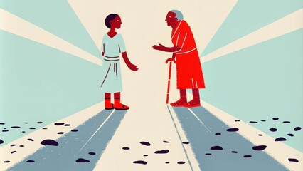 Poster - The leper is shown hesitating at the boundary of a community the healer stepping forward with a welcoming gesture. Crunching gravel beneath their feet signifies the inner turmoil. Cartoon