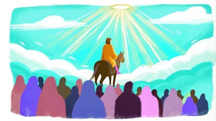 Poster - The scene is infused with a sense of divinity as the rider characterized by humble attire gazes compassionately at the crowd. Rays of sunlight break through the clouds illuminating. Cartoon