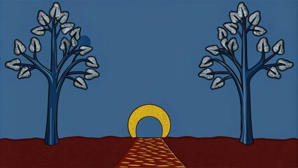 Poster - The winding golden path gleams under the gentle light of a full moon reflecting silvery highlights that dance across its surface. Flanked by towering trees with silver leaves the. Cartoon