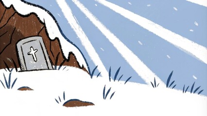 Poster - The stone etched with symbols of antiquity sits newly rolled away from the entrance of a cave. Delicate rays of soft light cascade into the tomb revealing rocky textures and. Cartoon