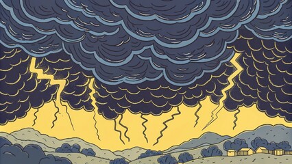 Poster - The storm clouds rage above swirling in deep menacing shades of black and dark blue. Yet bright rays of sunlight pierce through creating a dramatic contrast and a hidden valley. Cartoon