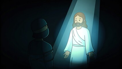 Poster - The thief with his hands bound looks up at Jesus with a mix of regret and longing. The scene is filled with deep shadows yet a beam of light descends from the heavens focusing on. Cartoon