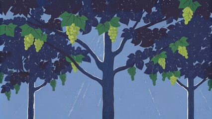 Poster - Under a canopy of deep blue skies a robust vine rises majestically its branches spreading wide displaying an abundance of greenery and s of grapes in various stages of riss.. Cartoon