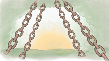 Poster - Twisted chains heavily corroded dangle from the mouth of a cave juxtaposed against the stark contrast of the caves dark interior. Glimmers of light peek from deeper within. Cartoon