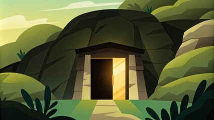 Poster - Transcendent Glow A tomb carved into a rocky hillside appears dark except for the radiant golden light softly pouring out of the slightly open door. The light flickers against the. Cartoon