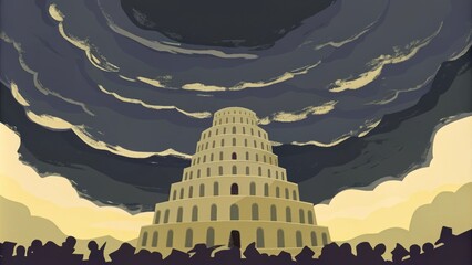 Poster - Visualize a panoramic view of the Tower of Babel set against a turbulent sky where dark clouds swirl ominously as if foreshadowing impending chaos. Sunlight breaks through sporadic. Cartoon