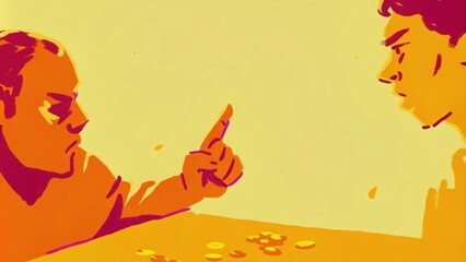Poster - Under the bright light of the sun a closeup shows the resolute face of a man as he scolds a money changer his finger raised in admonition. The table is covered with glittering. Cartoon