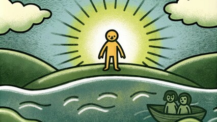 Poster - Under a clouddappled sky a solitary radiant figure walks atop a vast shimmering lake. The water glistens with reflections of light and the figures long hair billows slightly in the. Cartoon