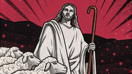 Poster - Under a twilight sky filled with stars Jesus looks out over a flock of sheep gathered at his feet. His flowing garments reflect a halo of soft light. He carries a wooden staff a. Cartoon