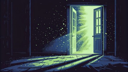 Aufkleber - Within a darkened room streams of light filter through the cracks of an old door. Dust particles dance in the shafts of light creating a soft warm atmosphere that contrasts with. Cartoon