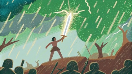Poster - A battlefield scene where a warrior stands tall wielding a glowing sword its edges sharp and brilliant. The background is chaotic filled with shadowy figures representing despair.. Cartoon