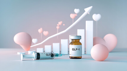 glp-1 syringe and vial on clean surface with healthcare progress symbolized by bar graph. hormone th