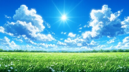 An anime-style cartoon depicting a green summer meadow under a blue sky with clouds.