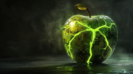 Poster - Futuristic Green Apple with Circuitry and Glowing Effects Display