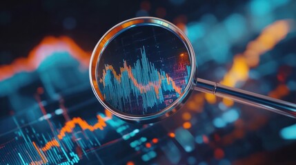 Poster - Magnifying glass over upward trending stock market graph with abstract blue and orange design