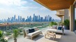 © Minom - Modern balcony with seating, showcasing a skyline view of Dubai's skyscrapers and greenery.