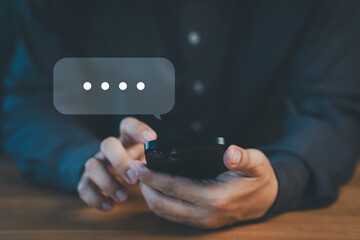 Poster - Young man using a smartphone with social media, typing live chat chatting on application communication digital website and social network concept. Social media application chat box.