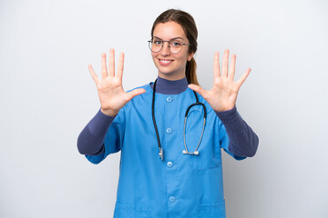 Poster - Young caucasian nurse woman isolated on white background counting ten with fingers