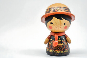 A decorative wooden doll with a cheerful expression and traditional attire.