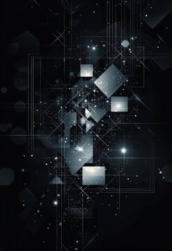 A sleek black background with geometric shapes, subtle gradients, and glimmering highlights that give a futuristic feel.