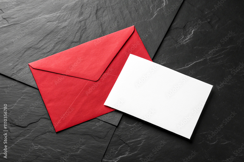 Top view A red envelope partially open with a blank white sheet of ...
