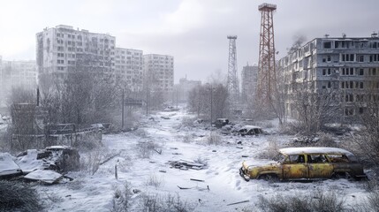 a dystopian science fiction scene depicting a deserted, post-apocalyptic city covered in winter snow