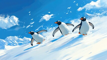 Sticker - Playful penguins sliding in unison across a snow-covered landscape under bright blue skies