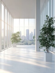 White spacious office interior with city view and daylight. Workplace and corporation concept. 3D Rendering