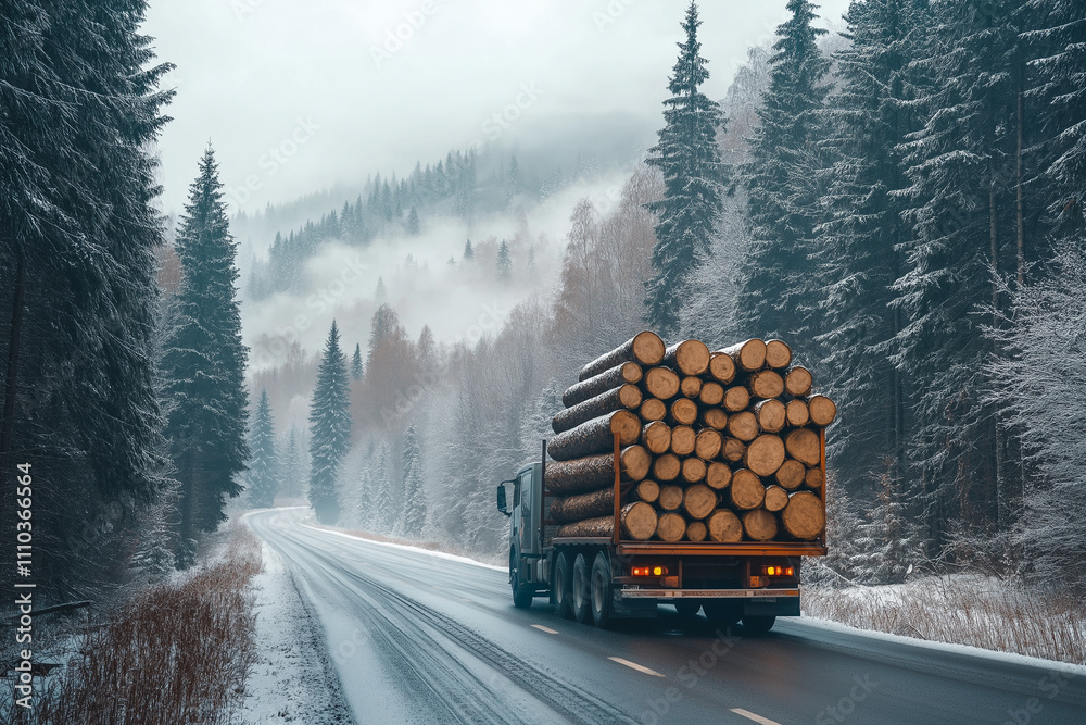 A truck is driving on the road in front of it, with many pine trees and ...