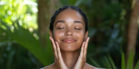 Wall Mural - A woman with a beautiful smile is standing in a lush green forest. She is holding her hands together and looking at the camera