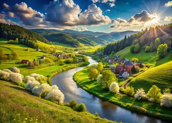 Wall Mural - Panoramic View of the Kraoviansky Meander: A Serene Village by the River Surrounded by Lush Green Mountain Meadows in a Picturesque Mountain Valley during Spring