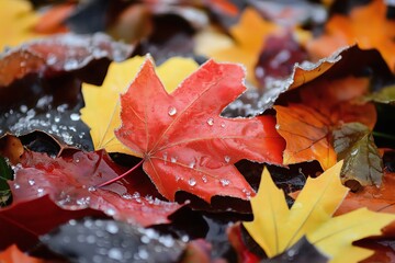 Poster - A close-up of autumn leaves with frost on their edges, captured against a blurred background