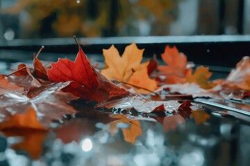 Poster - A close-up of autumn leaves with frost on their edges, captured against a blurred background