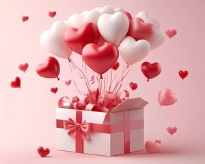 Poster - 3d heart shape balloon flying out of open gift box with ribbon on pink background, Happy Valentine's Day concept. Vector illustration.