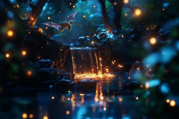 Aufkleber - A fantasy scene of a dragon soaring over a glowing waterfall surrounded by floating islands