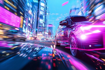 Aufkleber - A futuristic urban skyline with holographic advertisements and flying cars.