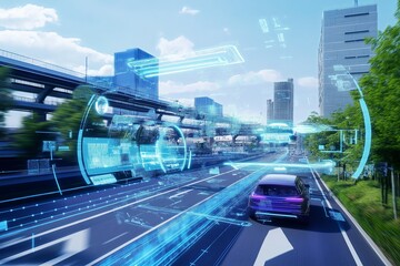 Aufkleber - A futuristic urban skyline with holographic advertisements and flying cars.