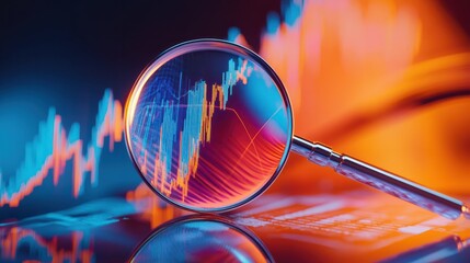Poster - Magnifying glass over upward trending stock market graph with abstract blue and orange design