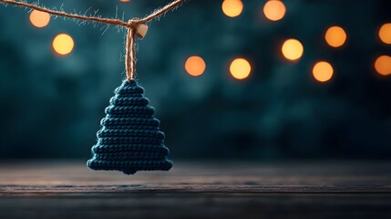 Wall Mural - Handmade blue rope Christmas tree ornament with bokeh lights