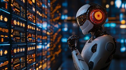 Poster - A high-speed trading environment where robots execute algorithmic trades efficiently Stock Photo with side copy space